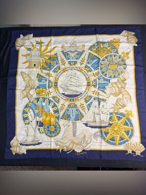 Hermes Silk Scarf Blue White Gold Ship Lighthouse Shell Nautical L’air Marin